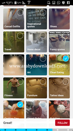 اختيار الاهتمامات - تحميل برنامج Pinterest للاندرويد تطبيق موقع التواصل الاجتماعي لتبادل الافكار مجانا