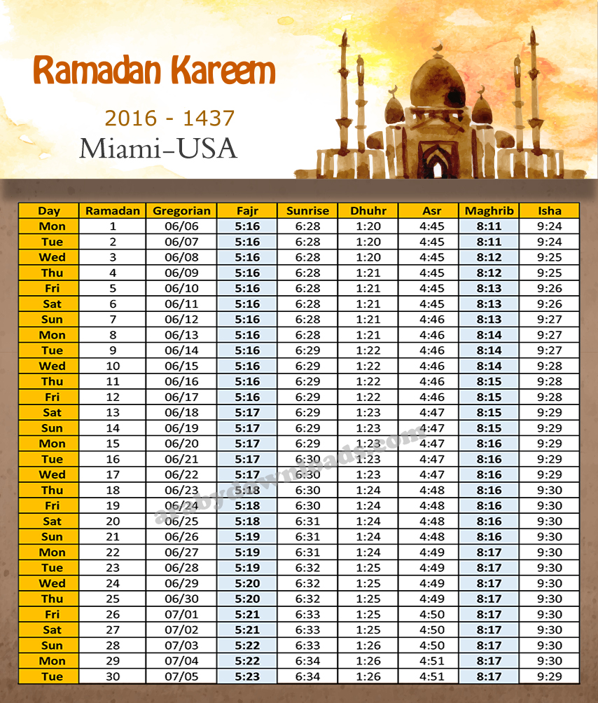 امساكية رمضان ميامي امريكا 2016 Imsakia Ramadan Miami USA