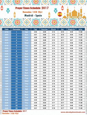 امساكية رمضان 2017 مدريد اسبانيا تقويم 1438 Ramadan Imsakia