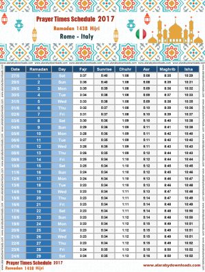 امساكية رمضان 2017 روما ايطاليا تقويم 1438 Ramadan Imsakia