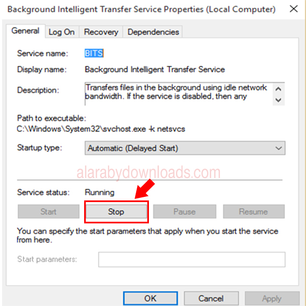2- ستظهر قائمة بالخدمات Services قم باختيار Background Intelligence transferred وقم بالضغط من الزر الايمن واختر الخصائص Properties.