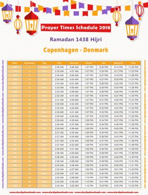 امساكية رمضان 2018 كوبنهاجن الدانمارك تقويم 1439 Ramadan Imsakia