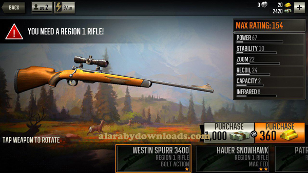 الاختيار بين انواع الاسلحة في لعبة صيد الغزلان للموبايل _ تنزيل لعبة Deer Hunter للاندرويد
