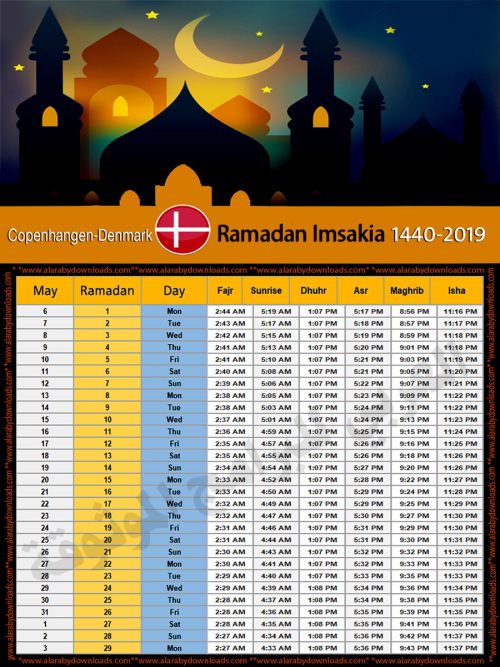 تحميل امساكية رمضان 2019 الدنمارك كوبنهاجن لعام 1440 هجري