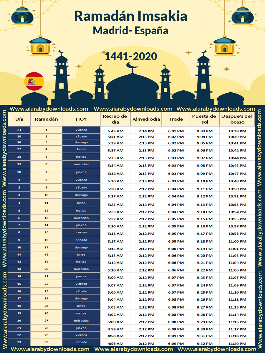 تحميل امساكية رمضان 2020 مدريد أسبانيا تقويم 1441 Ramadan Imsakia برابط مباشر