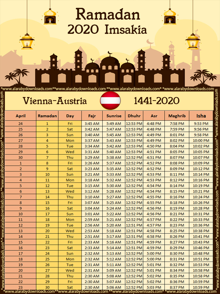 تحميل امساكية رمضان 2020 فيينا النمسا تقويم رمضان 1441 Ramadan Imsakia Vienna Austria