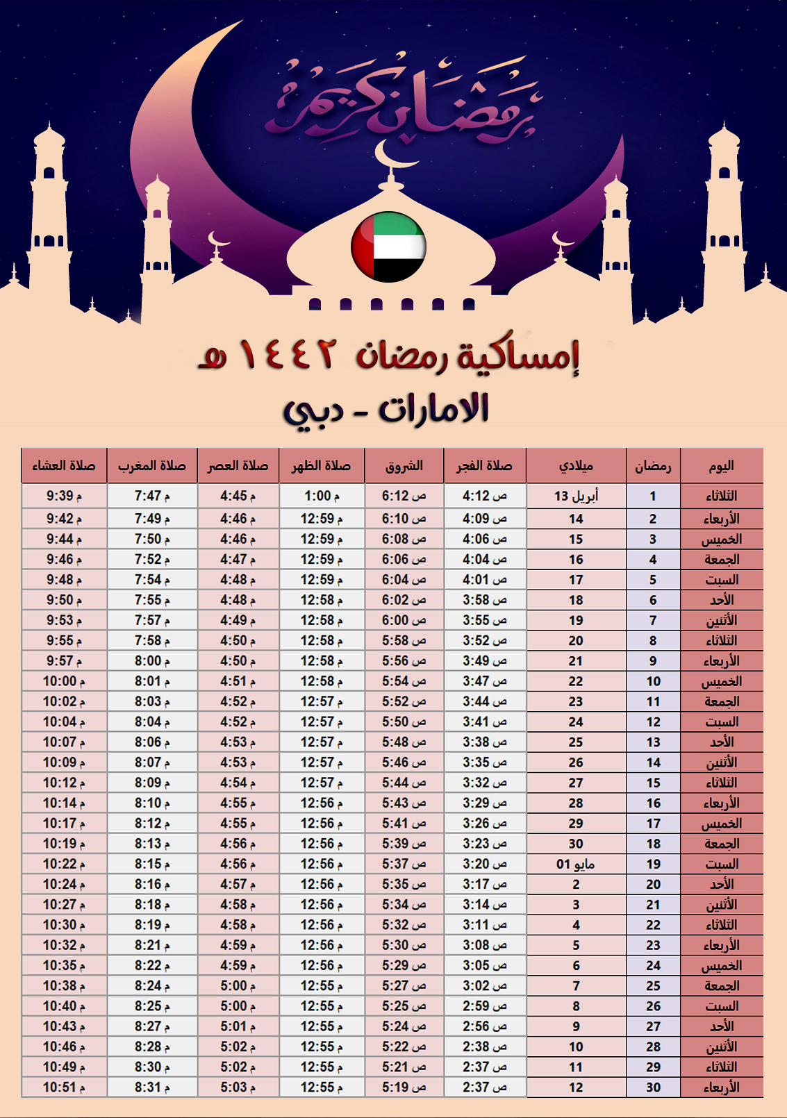 امساكية رمضان 2021 الامارات دبي تقويم 1442 هجري UAE Dubi Ramadan Imsakia