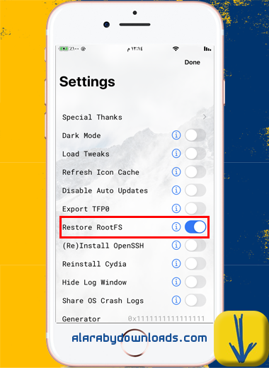 تفعيل خيار Restore RootFS - طريقة حذف جلبريك انكفر