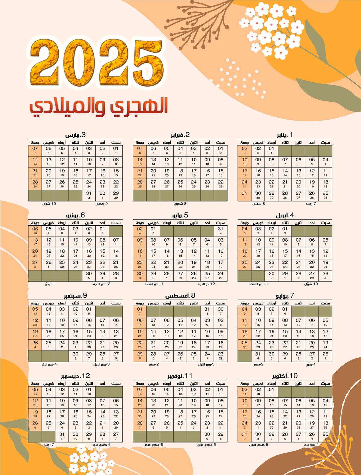 التقويم الهجري 1446 والميلادي 2025 اليومية الهجرية 2025 اليوم